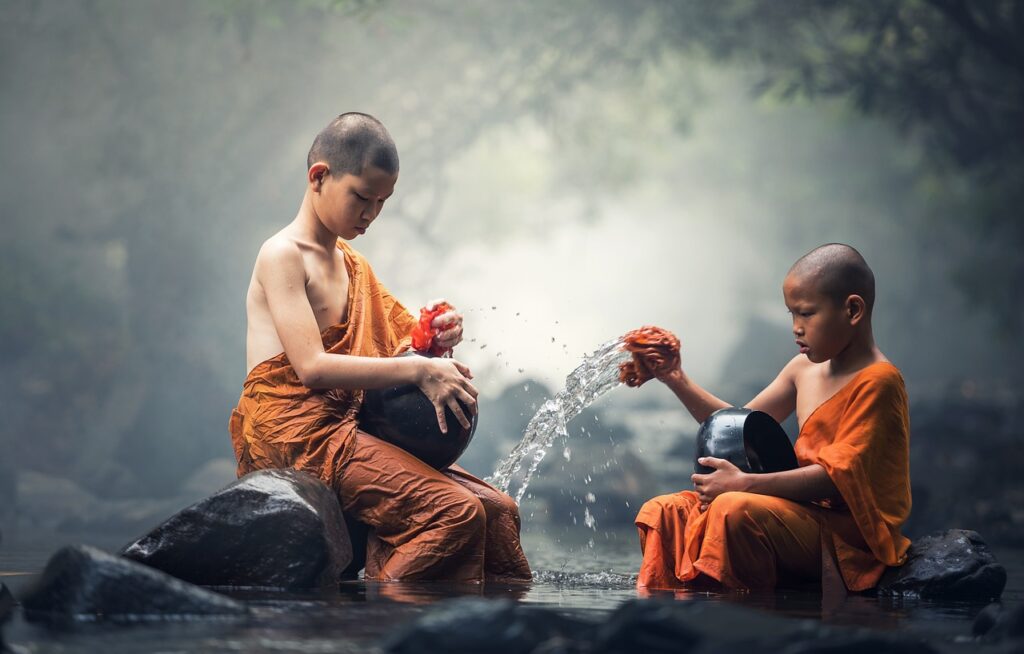 tipos meditação, boys, monks, river