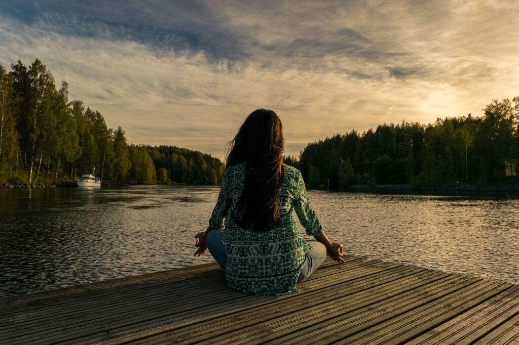 Meditação, yoga, woman, lake